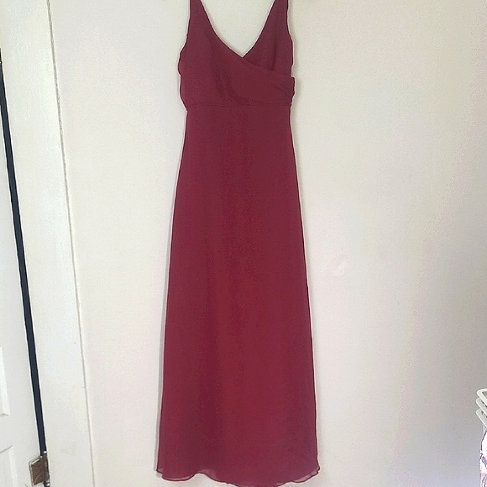 Formal Maxi Dress Burgundy Spaghetti Strap Sweetheart Train Sheer Chiffon Whimsi - Picture 12 of 14